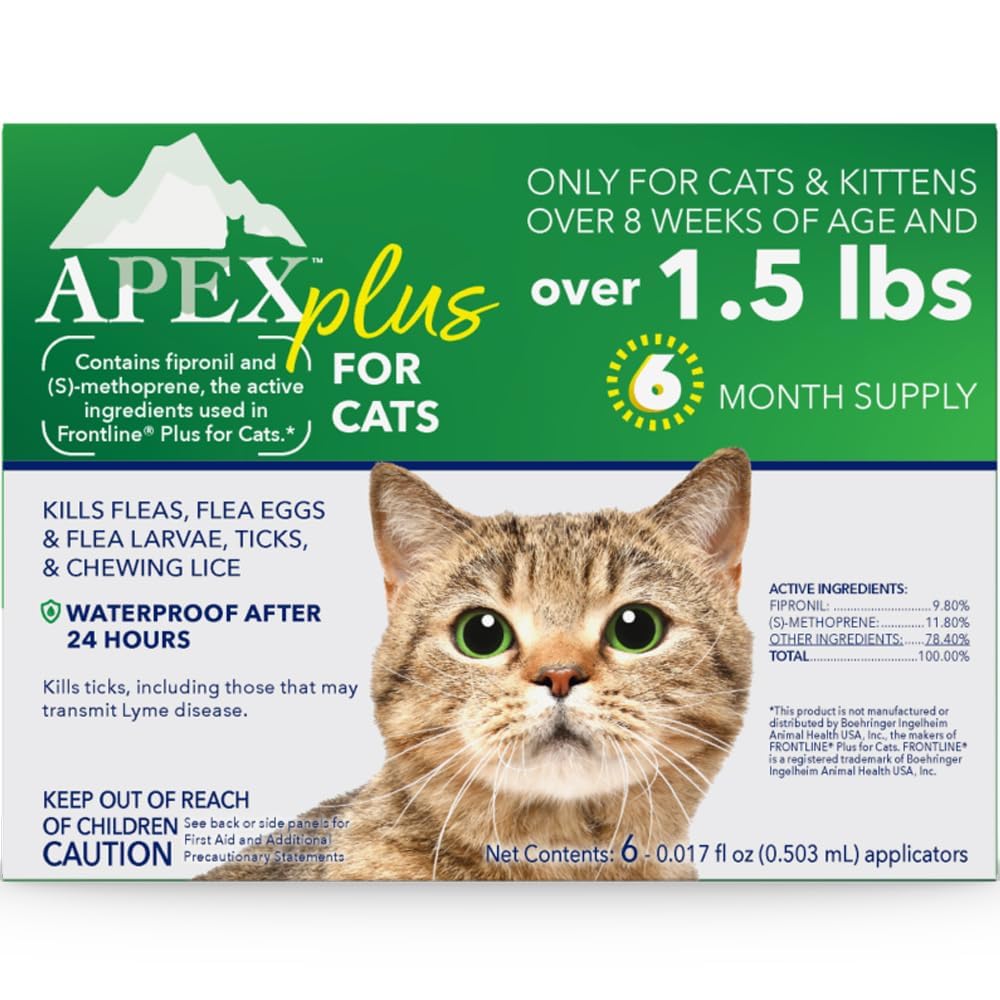 APEX PLUS cat flea treatment bottle close-up showing protection for cats.