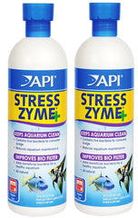 API Stress Zyme 2-pack bottle for freshwater and saltwater aquariums promoting clean gravel and healthy biofilter.