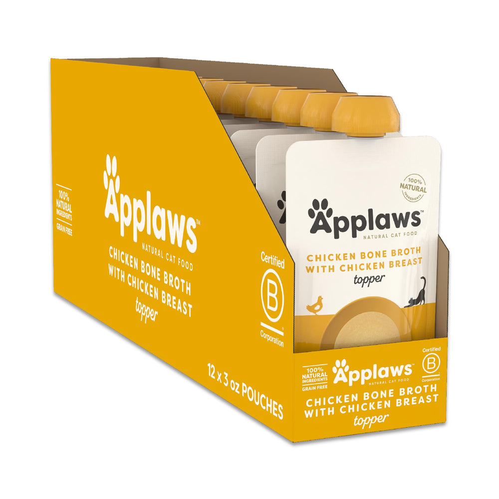 Applaws bone broth topper packaging highlights limited ingredients for a natural feline treat