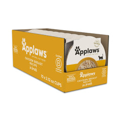Applaws chicken broth cups packaging highlighting natural ingredients and limited additives.