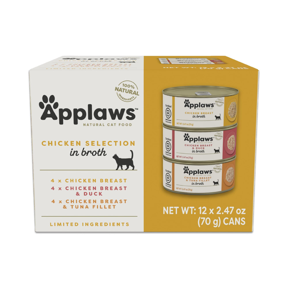 Applaws Chicken Selection in Broth can shown with natural ingredients for cats