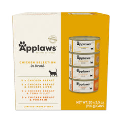 Applaws natural wet cat food in broth can showcases high-protein meal for active cats.