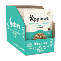 Applaws natural wet cat food broth with tuna fillet for protein-rich meals.