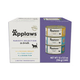 Applaws natural wet cat food in broth variety pack with 12 cans for diverse meals.