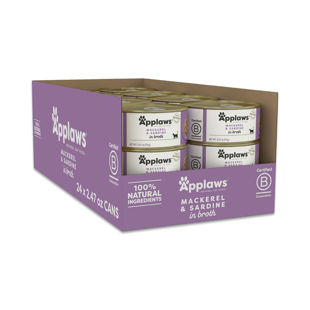 Applaws Natural Wet Cat Food with Mackerel and Sardine in Broth, protein-rich meal.
