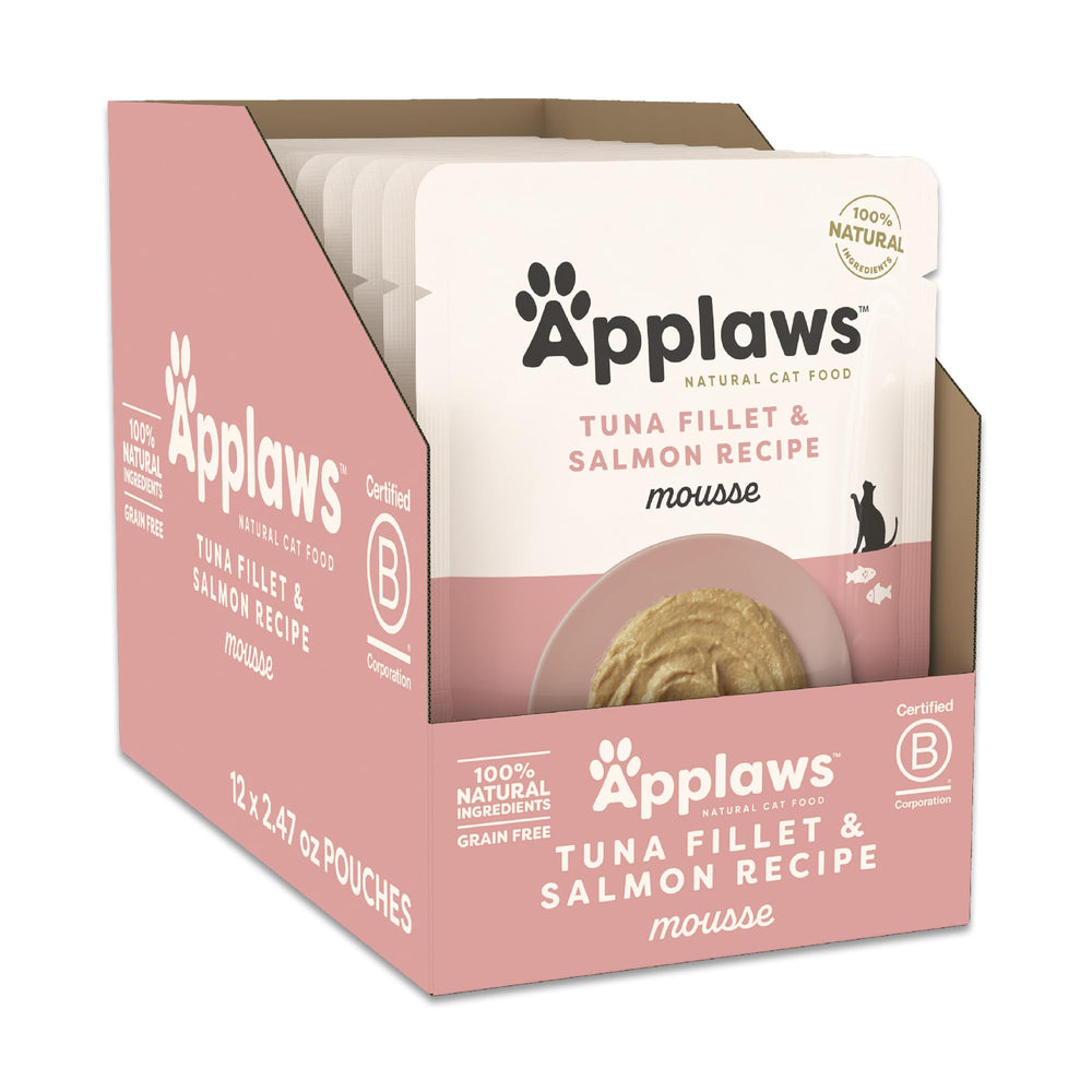 Applaws tuna fillet salmon mousse pouch front shows a protein-rich meal for an active cat.