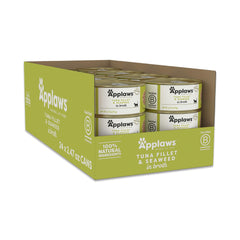 Applaws tuna with seaweed in broth can close-up, highlighting premium ingredients.