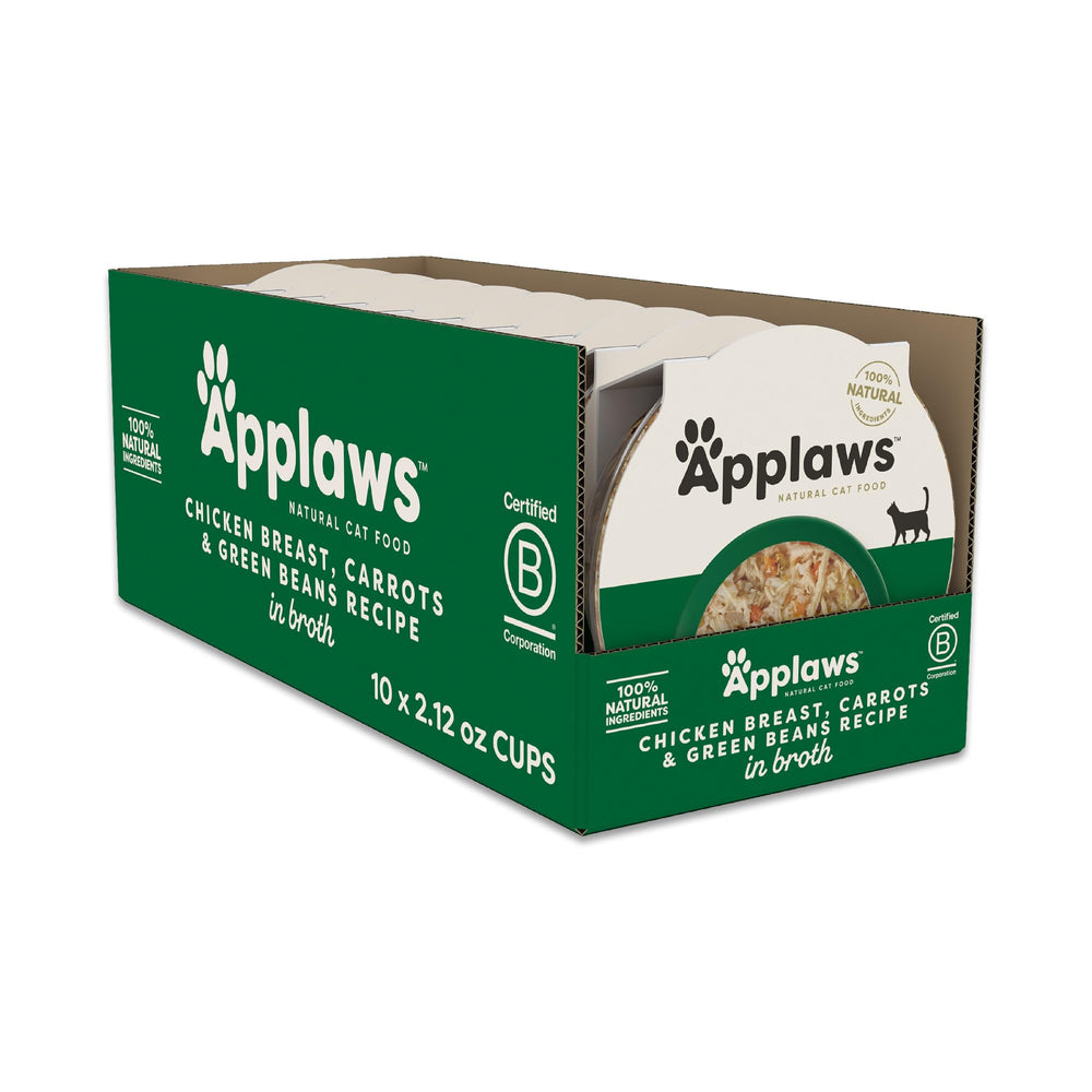 Applaws wet cat food in broth cups featuring chicken for crave-worthy meals.