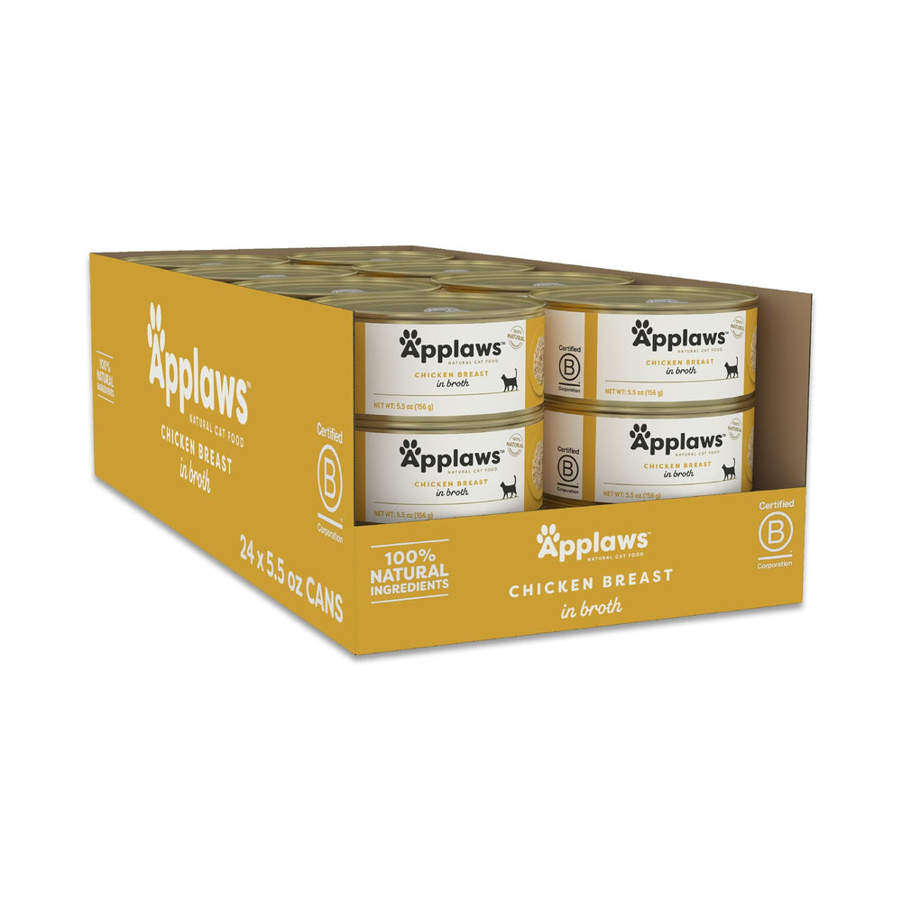 Applaws wet cat food can with chicken breast in broth shows simple, protein-rich ingredients.