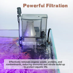 AQQA protein skimmer shows adjustable height for 50-80 gallon tanks.