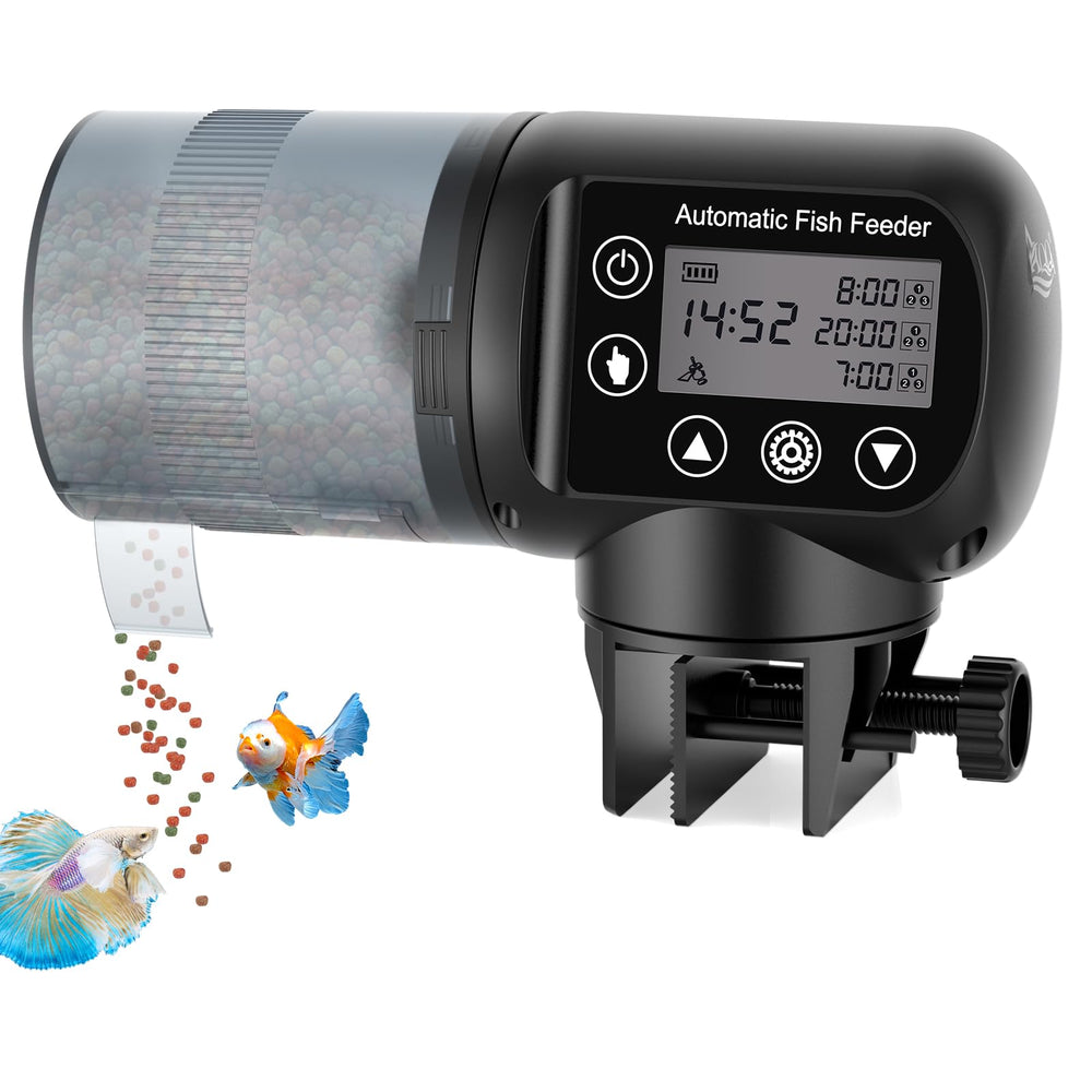 AQQA Automatic Fish Feeder front view showing compact design for any aquarium
