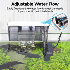 AQQA HOB installation showcases a slim design that fits neatly behind your aquarium.