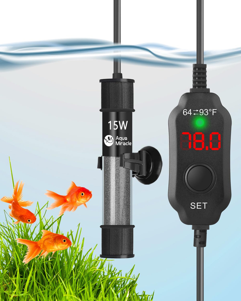 AquaMiracle compact 15W heater shown in a small tank for space-saving placement