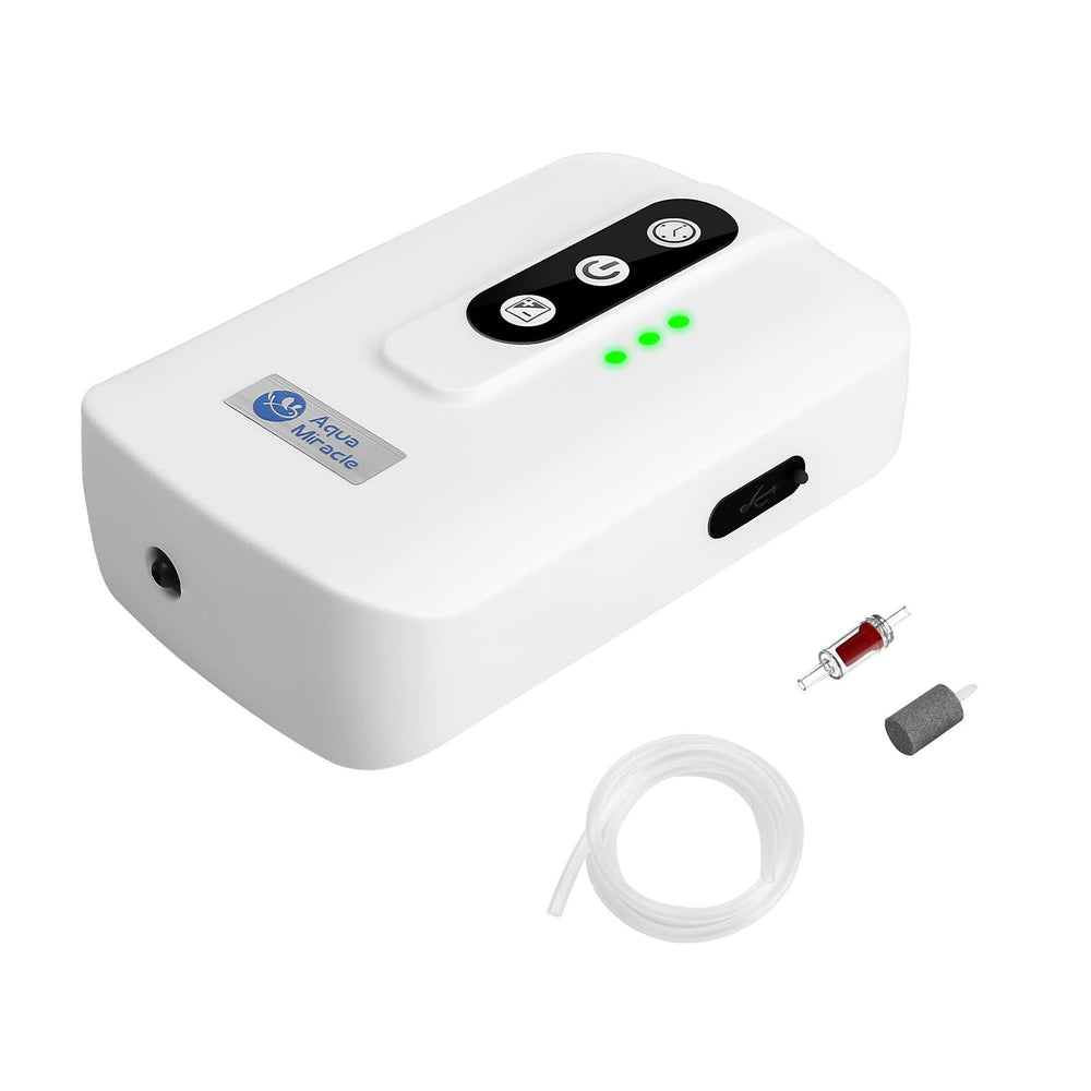 AquaMiracle lithium battery air pump front view, compact and portable for tanks up to 60 gallons.