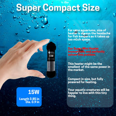 AquaMiracle Upgraded 15W small heater shows dry-run protection for safe startup.