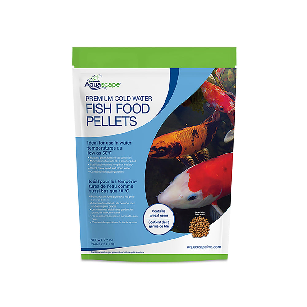 Aquascape Premium Cold Water Pellets packaging with 2.2 lb bag for pond fish feeding.