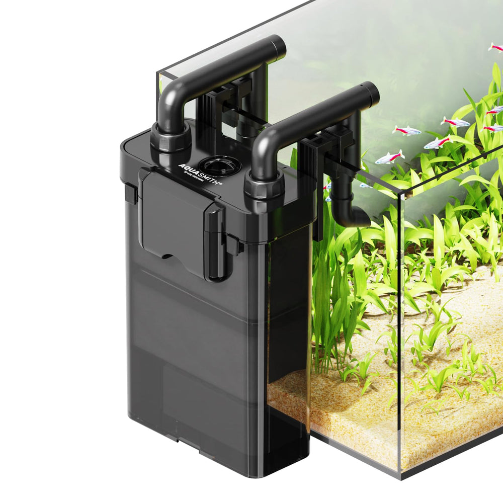 AQUASMITH Hang-On-Back filter front view highlights compact design for 5-20 gallon tanks.