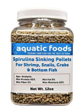 Aquatic Foods Inc. Spirulina sinking pellets 12oz jar for shrimp and bottom-dwellers; protein-rich energy source.