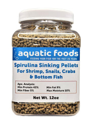Aquatic Foods Inc. Spirulina sinking pellets 12oz jar for shrimp and bottom-dwellers; protein-rich energy source.