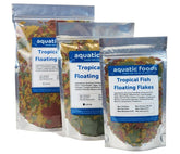 Aquatic Foods Inc. tropical flakes with krill and spirulina for vibrant color and palatability.