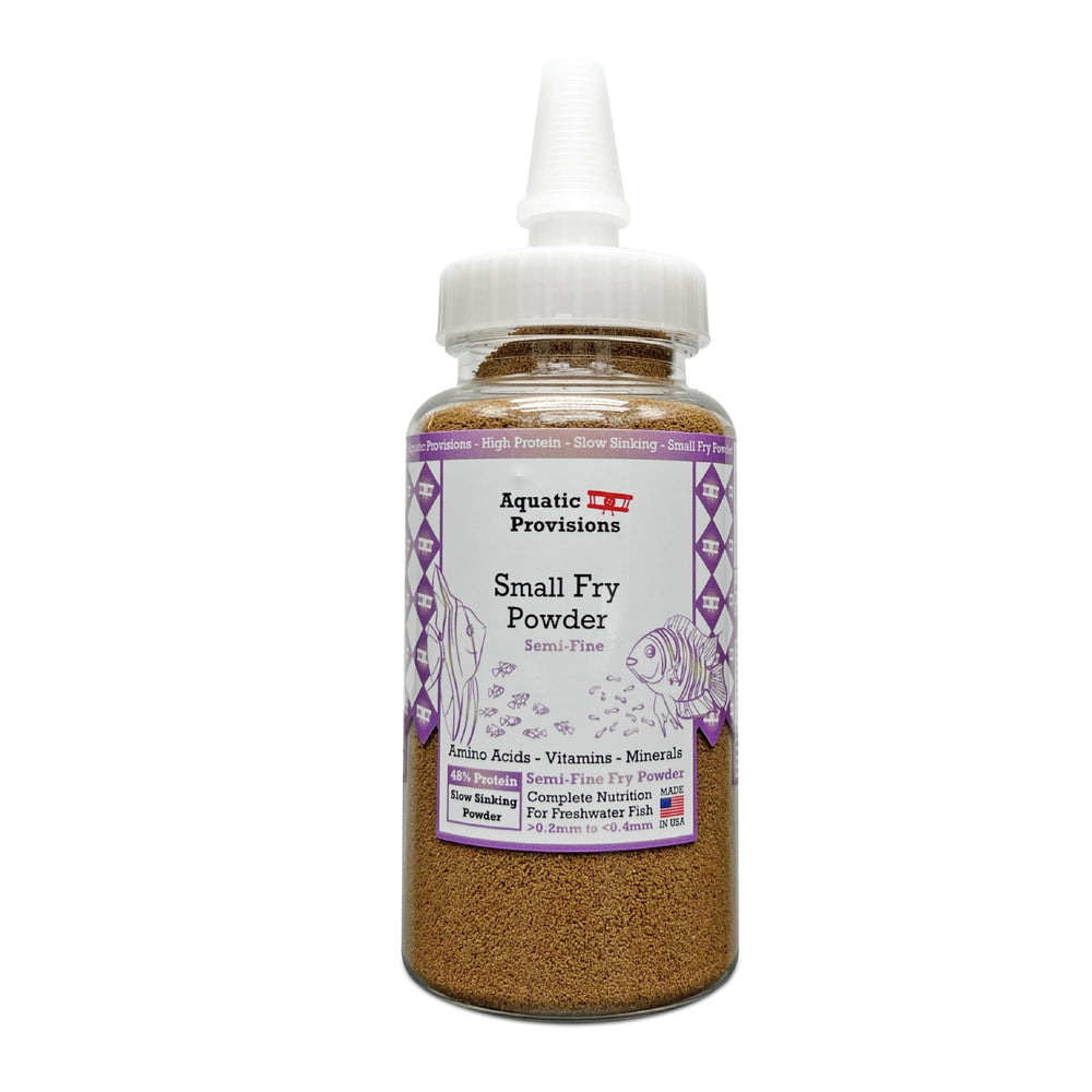 Aquatic Provisions Small Fry bottle pour demonstrates precise feeding for tiny fry.