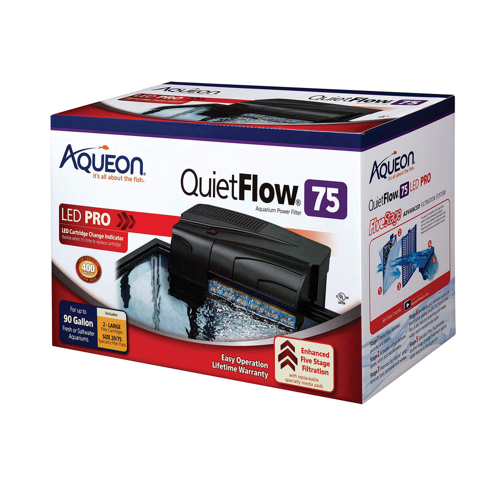 Aqueon QuietFlow 75 LED PRO filter front view for efficient filtration in up to 90 gallons.