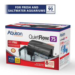 Aqueon QuietFlow 75 LED PRO filter installed inside an aquarium for space-saving setup.