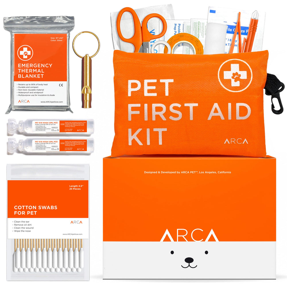 ARCA PET dog first aid kit in water-resistant pouch for outdoor adventures.