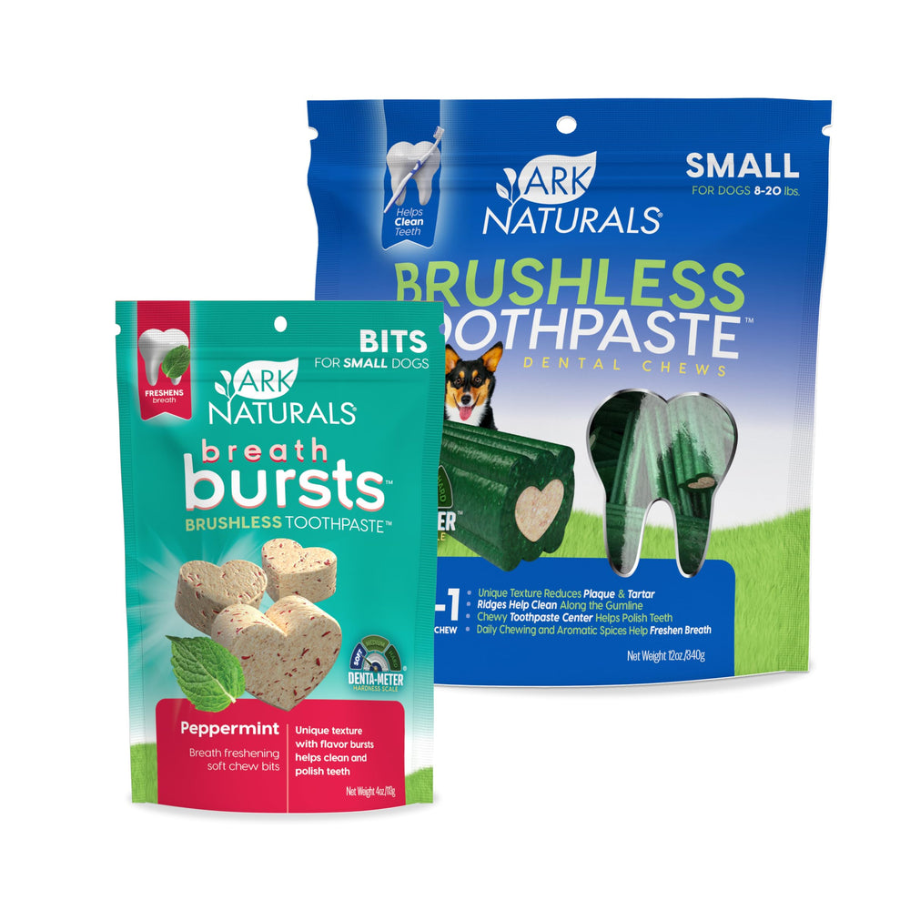 ARK NATURALS small-breed brushless toothpaste image highlighting the chewy center for teeth polishing