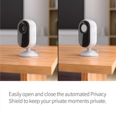 Arlo Essential Indoor Camera HD privacy shield closes the lens for privacy.