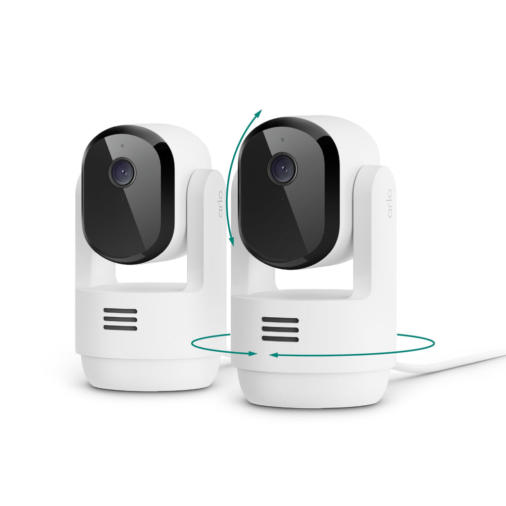 Arlo Essential Indoor Pan-Tilt 2K camera providing wide 360° monitoring for thorough room coverage.