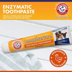 Arm & Hammer Complete Care enzymatic toothpaste close-up highlighting plaque-fighting formula for dogs.