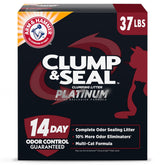 Arm & Hammer Clump & Seal Platinum multi-cat litter bag showing odor control on demand.