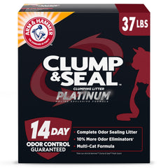 Arm & Hammer Clump & Seal Platinum multi-cat litter bag showing odor control on demand.