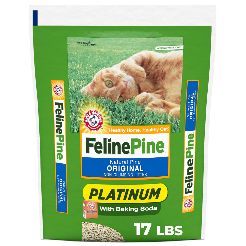 Arm & Hammer Feline Pine Platinum litter bag front highlighting sustainable pine-based formula.