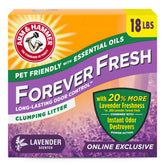 Arm & Hammer Forever Fresh Lavender clumping litter in bag showing 18 lb online exclusive packaging