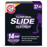 Arm & Hammer Slide Platinum Multi-Cat Litter packaging demonstrates easy storage and setup.