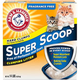 Arm & Hammer Super Scoop fragrance-free packaging shows a 14 lb bag with odor control
