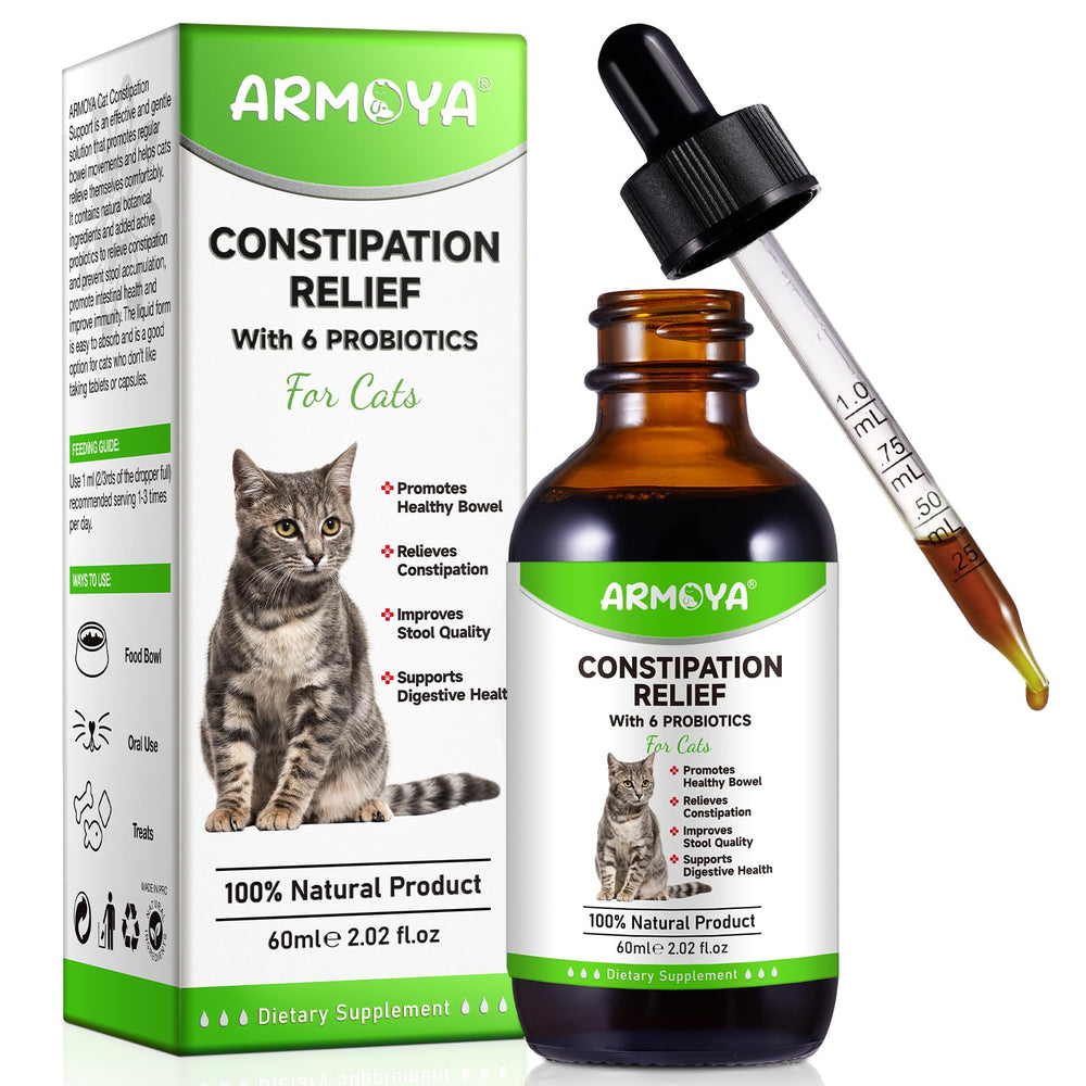 ARMOYA Cat Constipation Relief bottle showing easy administration for gentle digestive support