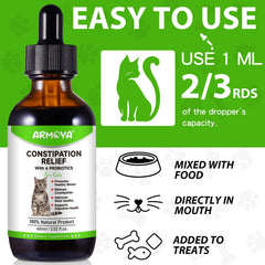 ARMOYA Cat Constipation Relief label detailing ingredients and dosage for informed care