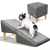 AronYada 16-inch dog stairs setup shows the 2-in-1 ramp and ottoman for bed access.