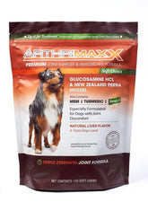 ArthriMAXX liver-flavored dog chews in a bottle promoting joint comfort.