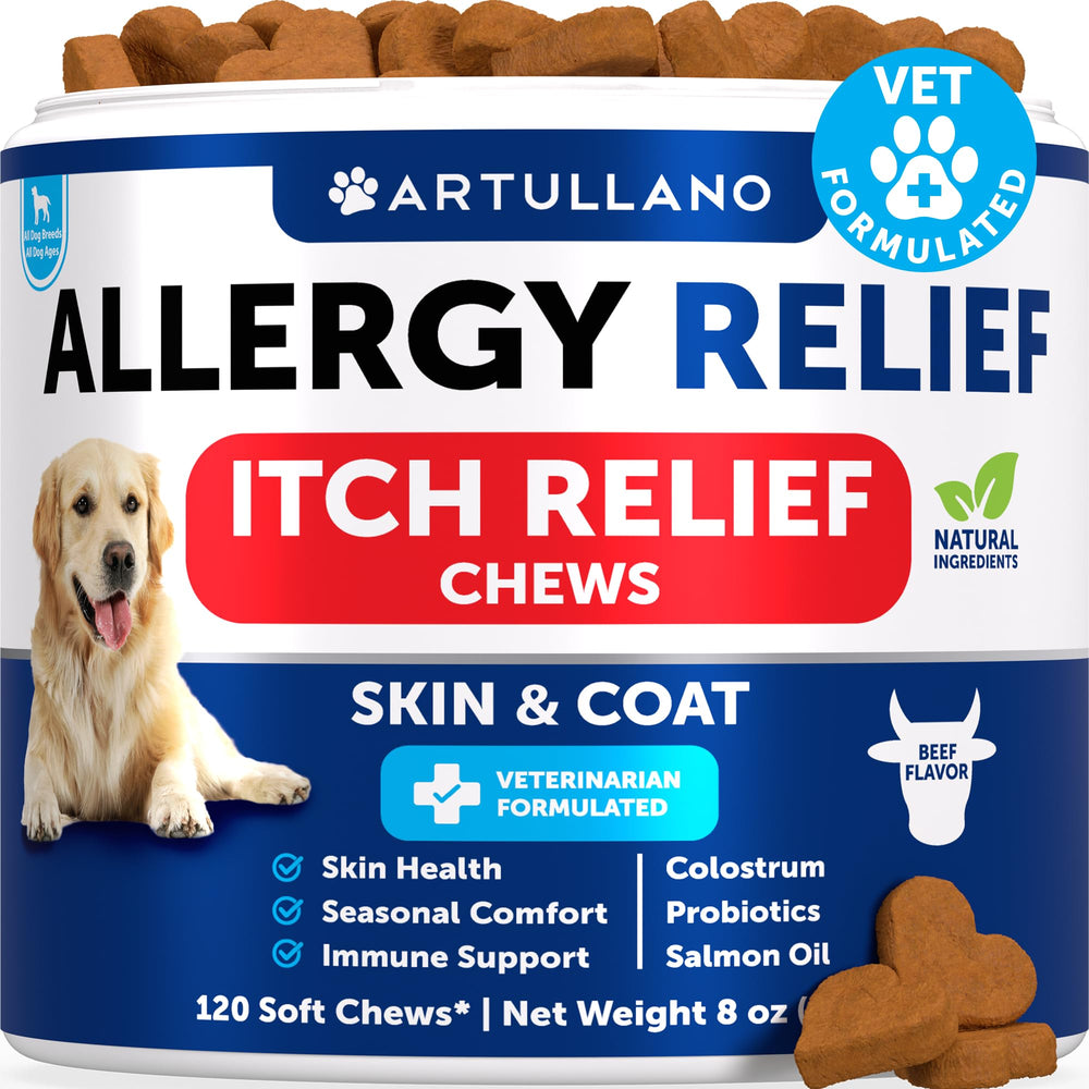 Artullano dog allergy chews bottle for convenient seasonal itch relief.