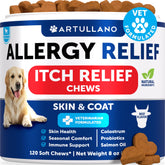 Artullano dog allergy chews bottle for convenient seasonal itch relief.