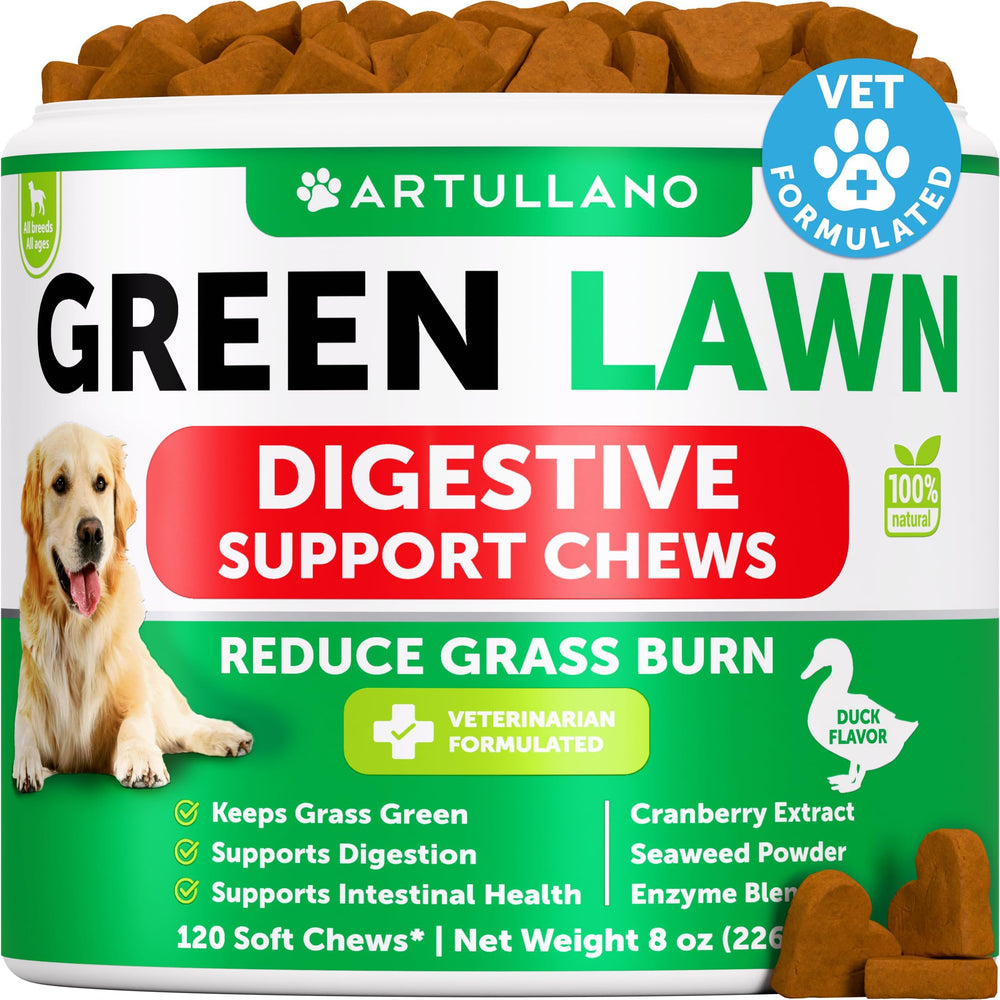 Artullano Grass Burn Spot Chews packshot with duck flavor for lawn-friendly dog care