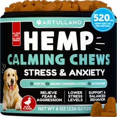 Artullano Hemp Calming Chews bottle for quick calming support in dogs