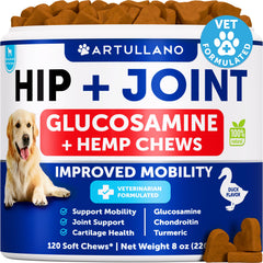 Artullano hemp hip joint dog chews pack showing mobility support.