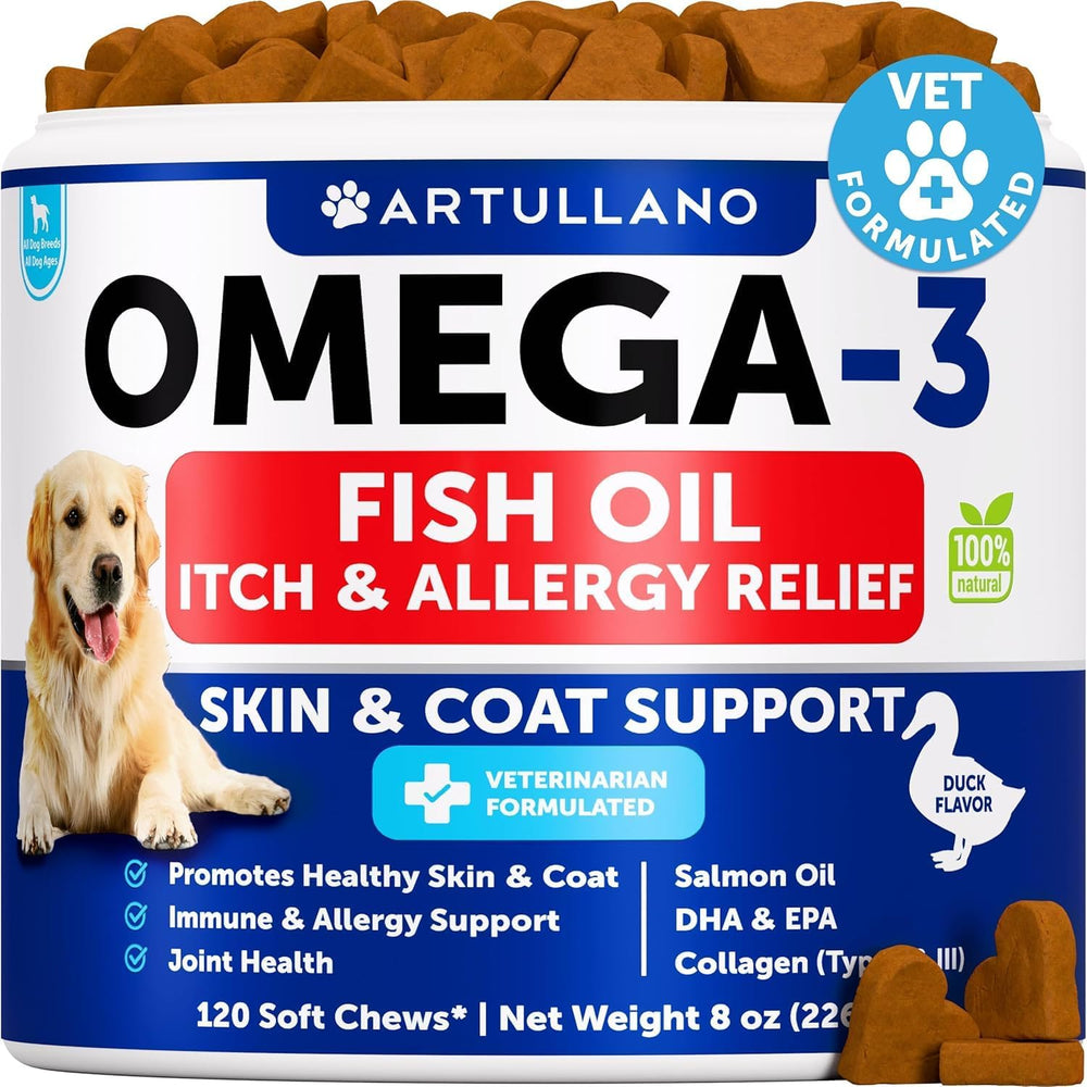 Artullano Omega-3 dog chews pack shot highlighting easy daily use for itchy dogs.