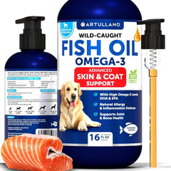 Artullano Omega-3 for Dogs bottle pour promotes easy serving and quick dosing.