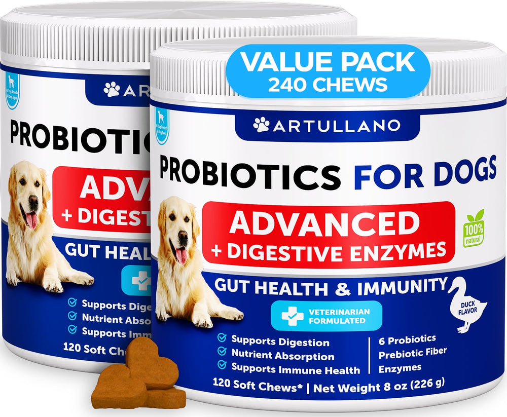 Artullano Probiotics for Dogs bottle with duck-flavored chews for gut support.